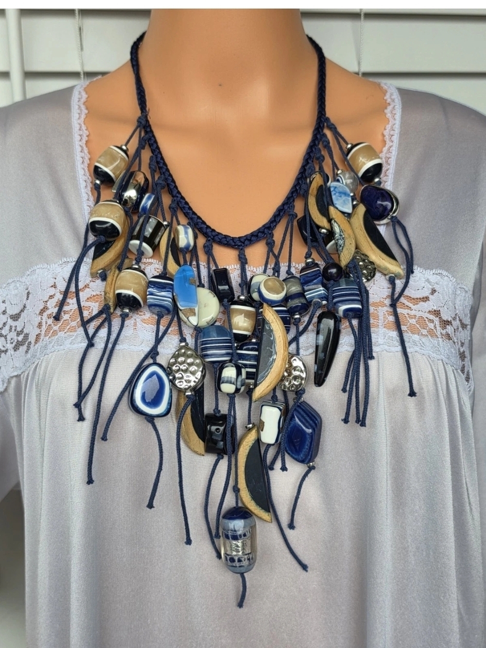 Chico’s Simone Bib Necklace Chunky Blue Beaded Fringe Boho Statement Wood Resin